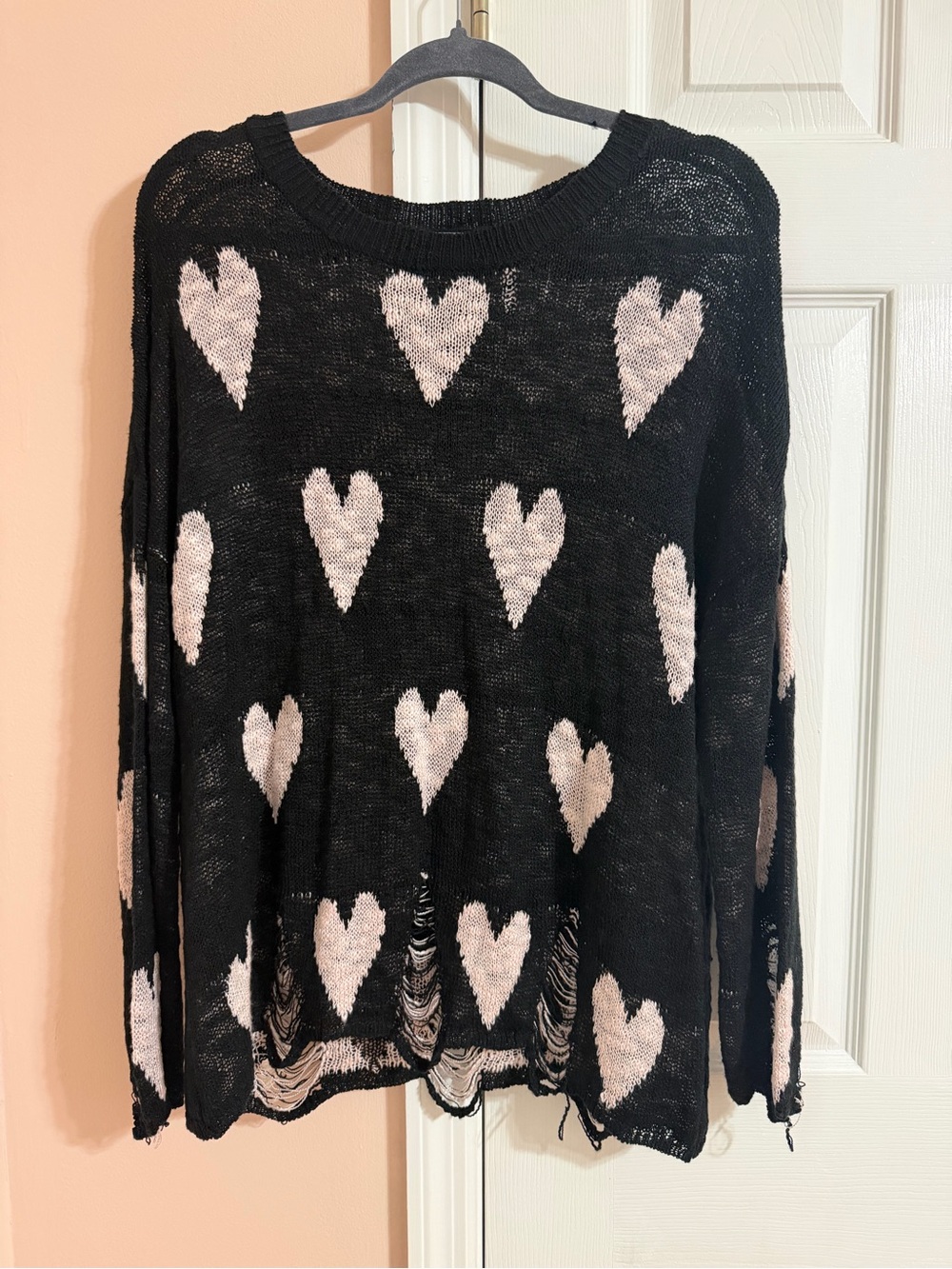 Black Knit Sweater with Pink Heart Pattern